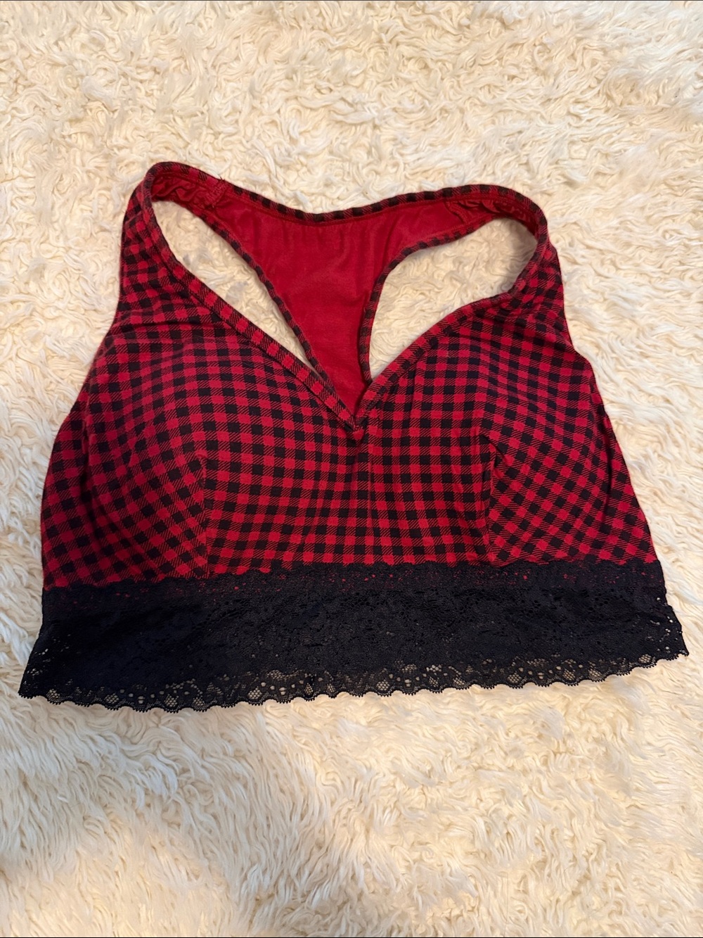 Maurices Red and Black Plaid Lace-Trim Bralette